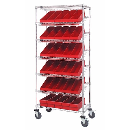 Quantum Storage Systems WIRE SHELVING UNIT W/30 RED BINS MOBILE MWRS-7-602RD