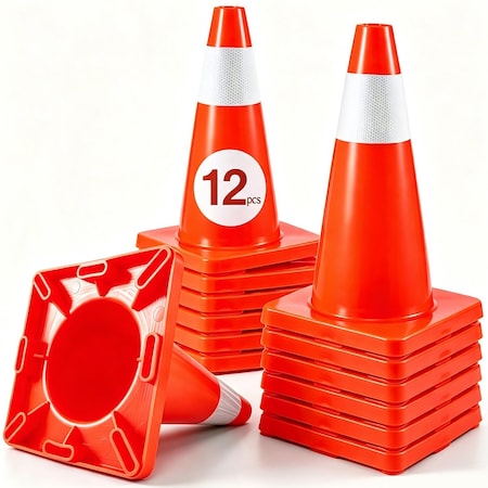 Vevor Traffic Safety Cones 12 PCS PVC 18" W/ 1 Reflective Collars 11" X 11" Red, 12PK CC-A45-12PCS