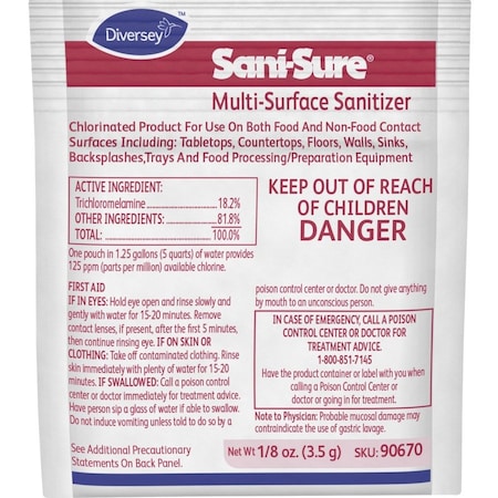 Diversey Sanitizer Concentrate, 0.13 oz. Packets, Unscented, Yellow, 100 PK 90670