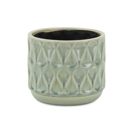 Homeroots 7in Green Geometric Ceramic Indoor Outdoor Round Pot Planter 487455
