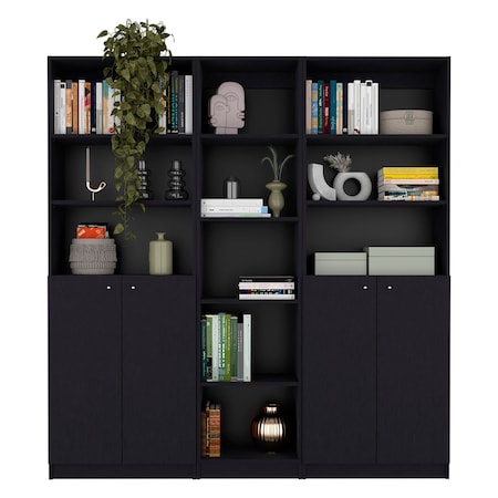 Homeroots 71" Black Five Tier Bookcase with Four Doors 546354