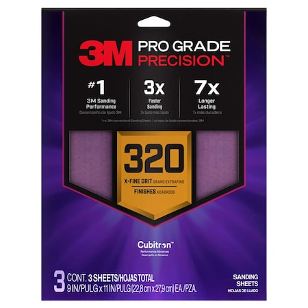 3M 9in x 11in SHR320-PGP-3T Pro Grade Precision Faster Sanding, Sanding Sheets, 320-Grit Extra-Fine, SHR80-PGP-3T