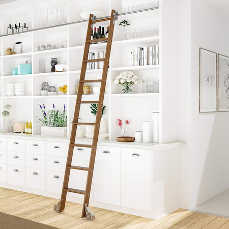 Quiet Glide 8.92 ft. Walnut Sunburst Wheel Polished Chrome Rolling Ladder, 12 ft. Rail QG.210-9WA-12-H.04