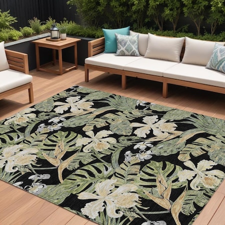 Homeroots 9' X 12' Black Beige And Fern Green Botanical Leaves Washable Indoor Outdoor Area Rug 618392