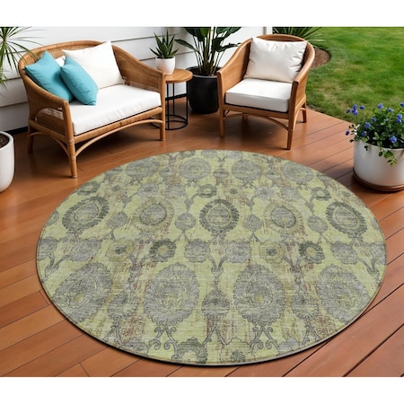 Homeroots 8' Artichoke Green And Gray Round Damask Washable Indoor Outdoor Area Rug 588132