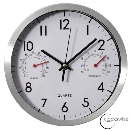 Clockswise 8-Inch Non-Ticking Quartz Wall Clock with Thermometer & Hygrometer - Battery Operated QI004747.SI.8