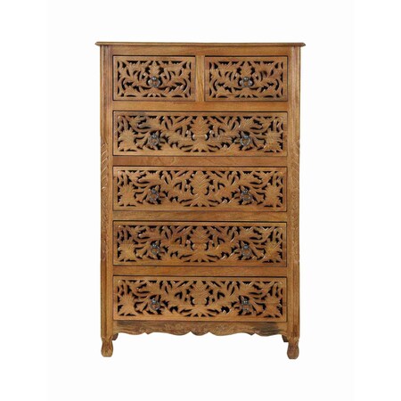 Homeroots 35" Brown Carved Floral Solid Wood Six Drawer Dresser 720638