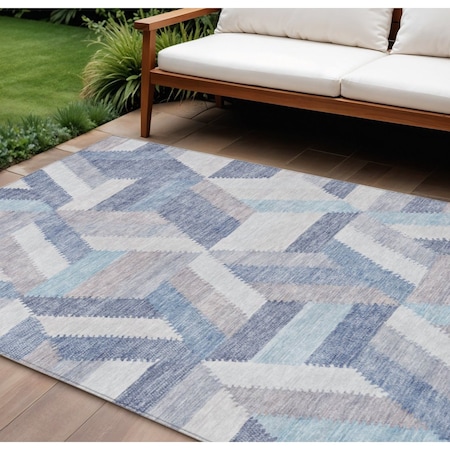 Homeroots 9' X 12' Denim Blue Geometric Washable Indoor Outdoor Area Rug 608062