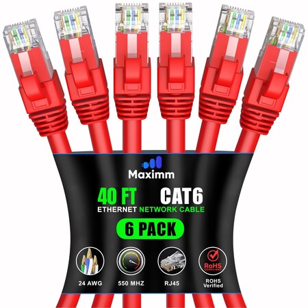 Maximm Cat6 Ethernet Cable 40ft 10Gbps 550MHz UTP, 6PK, Red, 6PK CAT6-CCA-40FTRED-6PK