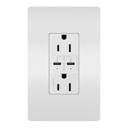 Legrand USB Receptacle, 15 A, White, Nylon R26USBPDW
