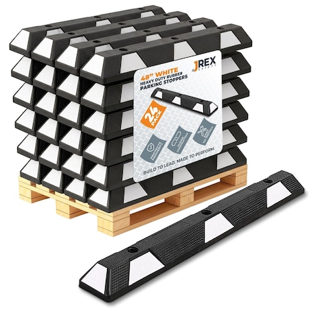Jrex Safety 48 in Rubber Parking Block Curb Stop, White Reflective Strip, Half Pallet 24 PBSW-JR-4-HP24