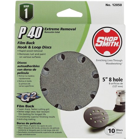 Gator Blade 5'' 40-Grit 8-Hole Pattern Vented Sanding Disc with Hook & Loop Backing, 10PK 9020