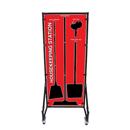 5S Supplies Housekeeping Shadow Board Broom Station V7, Red, Kit + Stand HSB-V7-RED-KIT-STAND