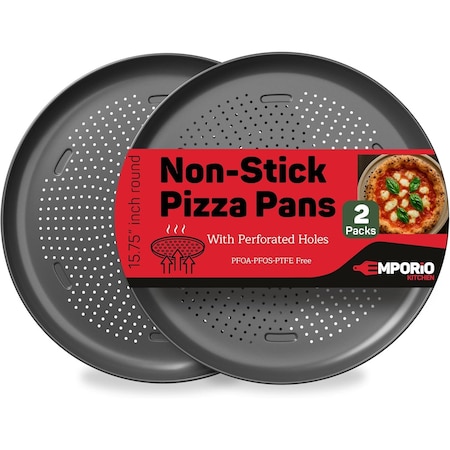 Emporio Kitchen Non-Stick Pizza Pan, 16in Carbon Steel, Perforated, Silver Coating, Oven Safe to 450 DegF, 2PK EMPPIZ0219