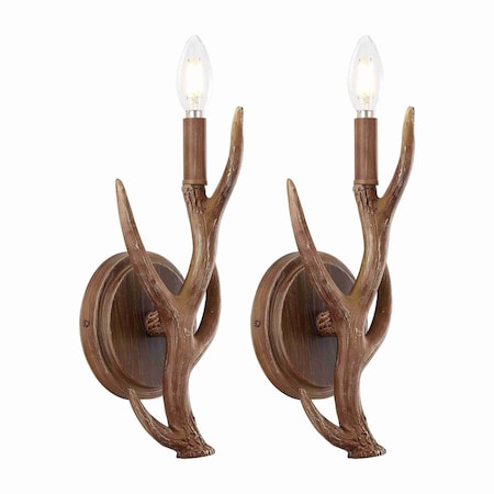 Jonathan Y Cody 5.5" 1-Light Southwestern Bohemian Resin/Iron Faux Antler LED Vanity Light, Brown Wood Fin, 2PK JYL6307A-SET2