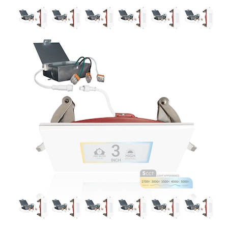 Nuwatt 3 Inch 2 Hour Square Trim Fire Rated Recessed Lighting Canless LED Lights 2700K-5000K, 550LM, 12PK NW-P-SQDL-3-8W-5CT-FR-WH-12P