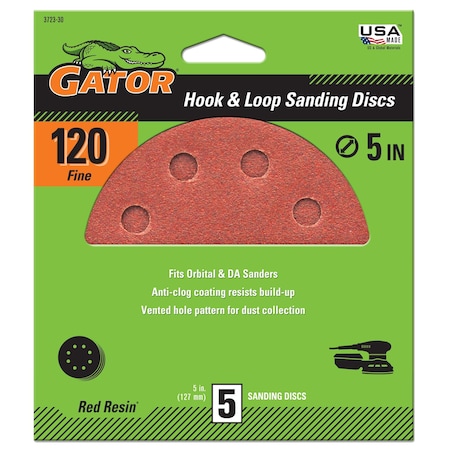 Gator Finishing Red Resin 5 in. Hook and Loop Sanding Discs, 120 Grit, Fine, 5PK 3723