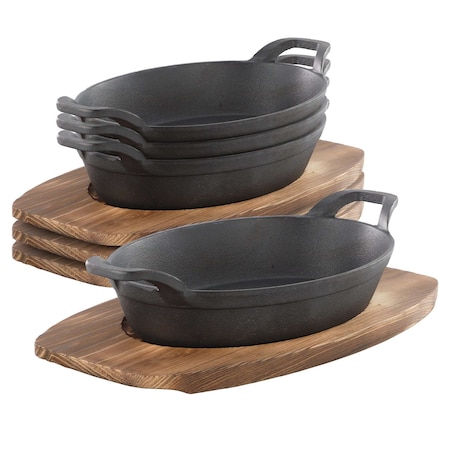 Megachef 4 Piece Mini Cast Iron Oval Pan with Wood Tray Set 750123651M