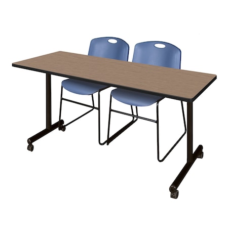 Regency Kobe Mobile T-Base Training Table W/ 2 Zeng Stack Chairs, 72 in W, 24 in L, Noble Oak MKTRCC7224NO44BE