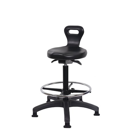 Blue Ridge Ergonomics Poly Serpent Sit-Stand Stool-Medium Bench Ht with Chrome Foot Ring & Stat Glides in Black Poly PSPMBSO-RG-CF-RG-BLK