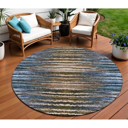 Homeroots 8' Blue Brown And Sky Blue Round Striped Washable Indoor Outdoor Area Rug 577982
