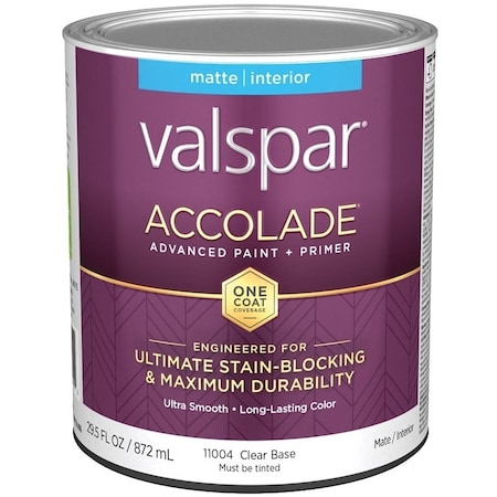 Valspar Accolade 1100 Latex Paint, Acrylic Base, Matte, Clear Base, 1 qt, Plastic Can 028.0011004.005