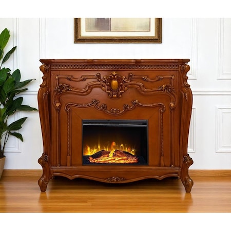 Homeroots 59" Brown Wood Ornate Carved Scrollwork Electric Fireplace With Mantle 574009