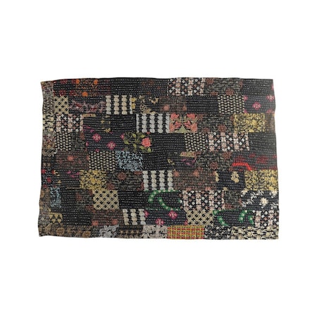 Homeroots 70" X 50" Black Kantha Cotton Patchwork Throw Blanket with Embroidery 516590