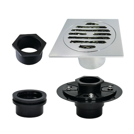 Kingston Brass 4" Brass Square Grid Shower Drain with Hair Strainer and Base Flange, Polished Chrome BSFK4262C