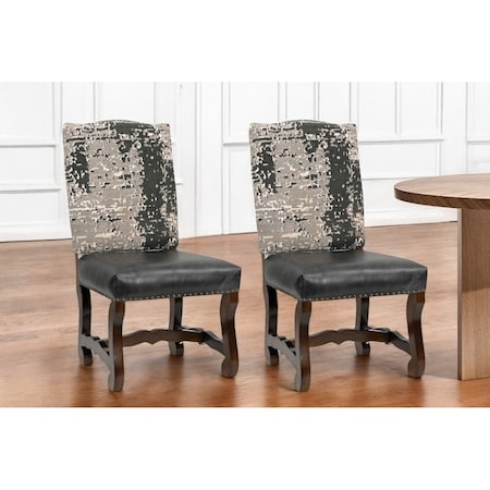 Homeroots Set of Two Black Gray And Dark Brown Solid Wood Upholstered Chenille And Leather Dining Side Chairs 552134