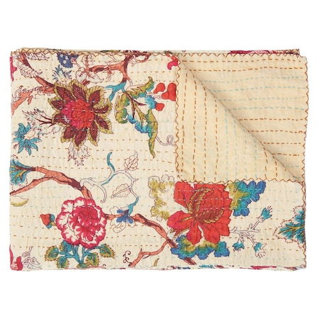 Homeroots 50" X 70" Yellow and Red Kantha Cotton Floral Throw Blanket with Embroidery 357561