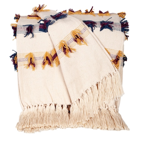 Homeroots 50" X 60" Ivory Blue and Yellow Woven Cotton Striped Throw Blanket with Tassels and Fringe 548948
