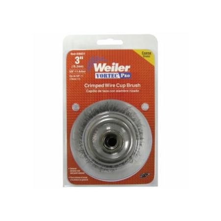 Weiler Vortec Pro Crimped Wire Cup Brush, 3 in Dia, M10x1.25, .014 in Carbon Steel, Display 804-36033