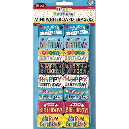 Ashley Productions Non-Magnetic Mini Whiteboard Erasers, Happy Birthday, 16PK 78016
