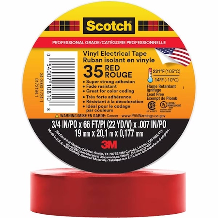 3M Vinyl Electrical Tape, 35, Scotch, 3/4 in W x 66 ft L, 7 mil thick, Red 10810