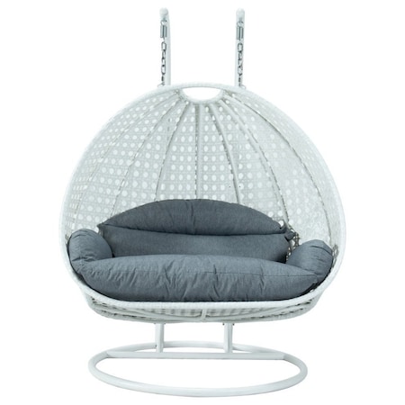 Leisuremod White Wicker Hanging 2 person Egg Swing Chair with Charcoal Blue Cushions ESCW-57CBU