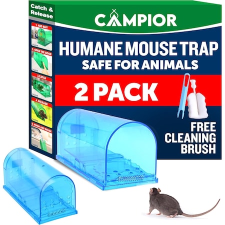 Campior Humane Mouse Trap, Large, No-Kill, Indoor, Pet Safe, Easy Clean, No-Touch Release, Blue, 2PK CMPMO8SBL98