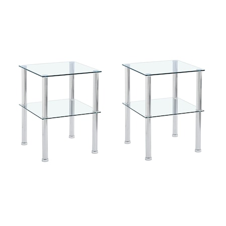 Homeroots Set of Two Clear and Silver Glass and Metal Square End Tables With Shelf, 2PK 635675