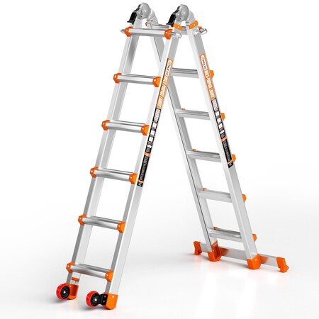 Wrightmaster 20 ft. Aluminum Multi-Position Ladder w/ Wheels and Stabilizer Bar, 330 lbs. Load Capacity, Orange ZOR-20FT-OR
