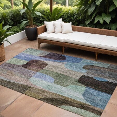 Homeroots 9' X 12' Brown Blue And Green Abstract Washable Indoor Outdoor Area Rug 604358