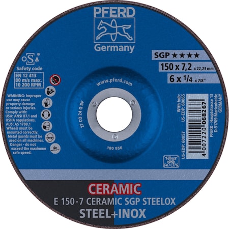 Pferd 6'' x 1/4 Grinding Wheel, 7/8'' A.H. - CERAMIC SGP STEELOX - Type 27 60057
