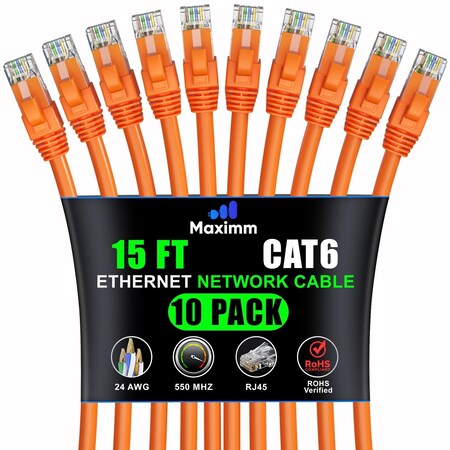 Maximm Cat6 Ethernet Cable 15ft 10Gbps 550MHz UTP, 10PK, Orange, 10PK CAT6-CCA-15FTORANGE-10PK