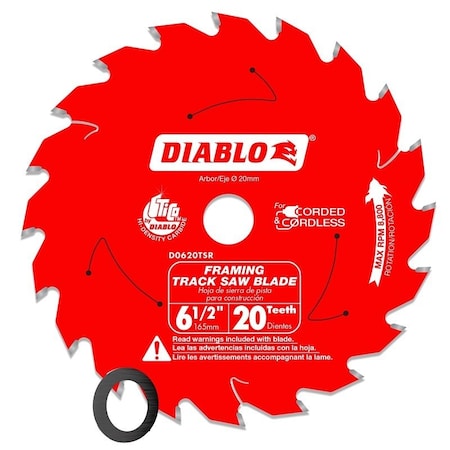 Diablo Track Saw Blade, 6-1/2 in Dia, 20 mm Arbor, 20-Teeth, Carbide Cutting Edge D0620TSR