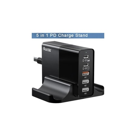 Cable Wholesale 5 Port Smart PD Charging Station, 65W, 2 USB C Ports and 3 USB A Ports, Black 90W1-20105