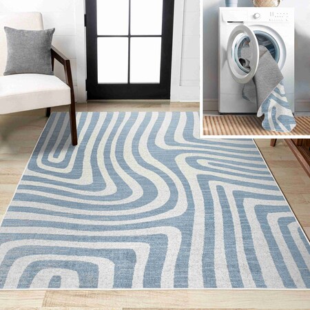 Jonathan Y Maze Abstract Two-Tone Low-Pile Machine-Washable Blue/Cream 3 ft. x 5 ft. Area Rug WSH309A-3