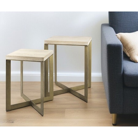 Homeroots Set of Two Natural and Gold Solid Wood and Metal Square Cross Legs Nested Tables 604463