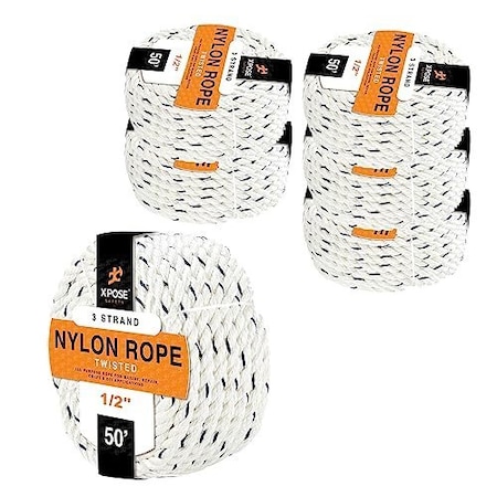 Xpose Safety Nylon Poly Rope, 1/2 in x 50 ft, 3-Strand Braided, Low Stretch, Indoor/Outdoor, 6PK NR12-50-6-X-S