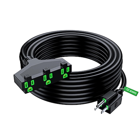 Maximm 50ft 12/3 Outdoor 3-Outlet SJTW 15A Extension Cord, Black 3OUT-EXT-BK-GRN-12G-50FT