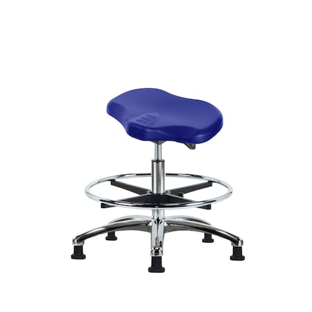 Blue Ridge Ergonomics Poly Ray Sit-Stand Stool Chrome-Medium Bench Ht with Chrome Foot Ring & Stat Glides in Blue Poly PRPMBSO-CR-CF-RG-BLU