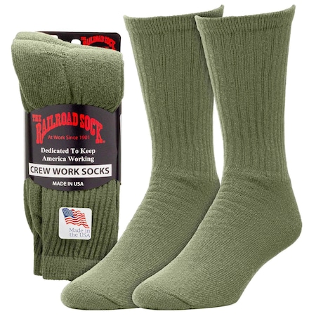 Railroad Sock Mens Crew Socks, 85% Cotton, 15% Nylon, Olive, 6-12 M, 3 PK 6035